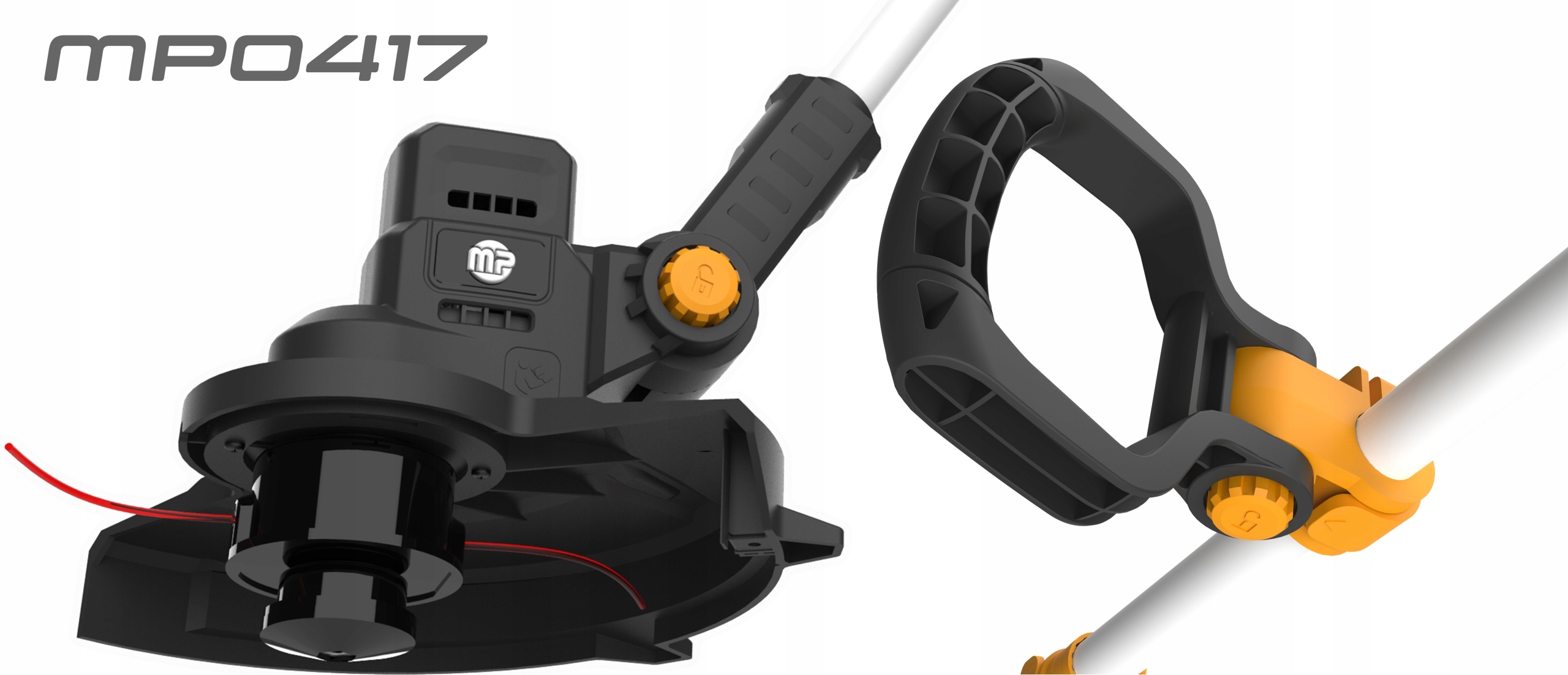 Głowica tnąca z żyłką, a także osłona chroniąca użytkownika przed odłamkami. Czarny uchwyt do wygodniejszego prowadzenia podkaszarki.